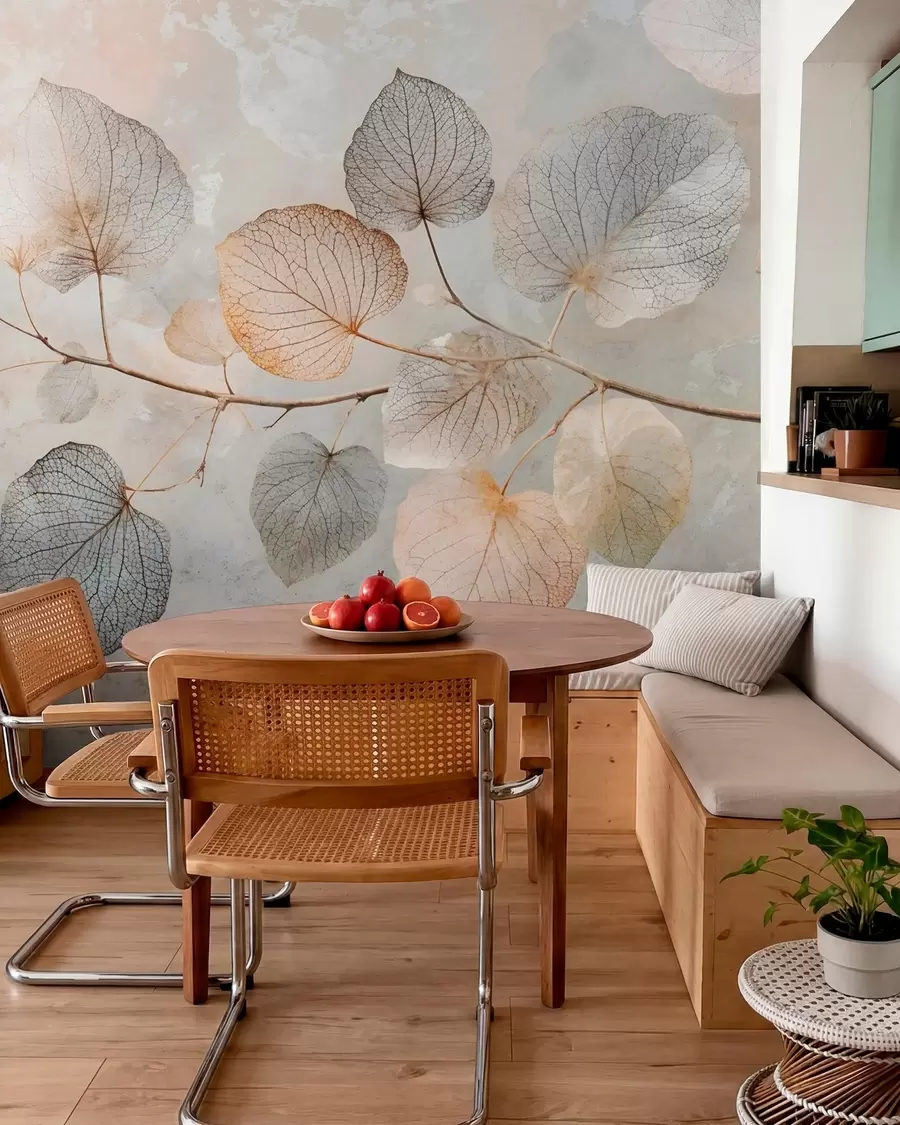 murales de pared Delicadas hojas con intrincadas vetas y colores suaves y apagados sobre un fondo de textura pálida w08469