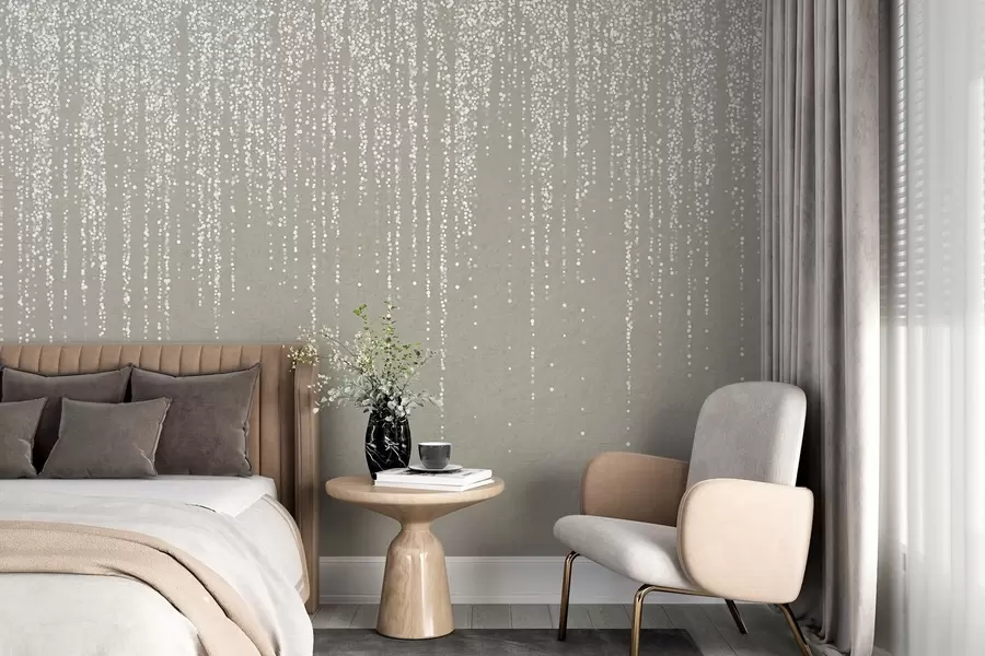 murales de pared Un elegante estampado vertical de guirnaldas punteadas sobre un fondo de textura beige, que crea una sensación de profundidad y movimiento w08470