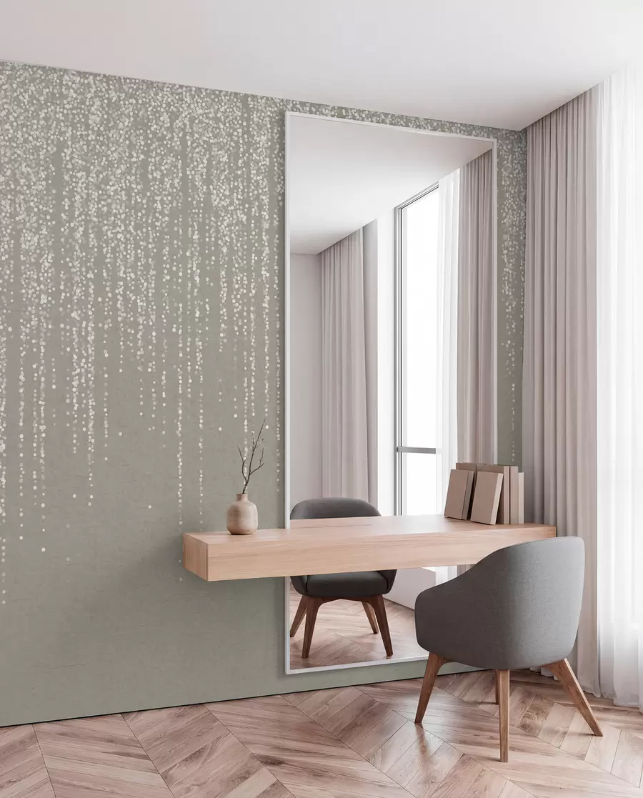murales de pared Un elegante estampado vertical de guirnaldas punteadas sobre un fondo de textura beige, que crea una sensación de profundidad y movimiento w08470