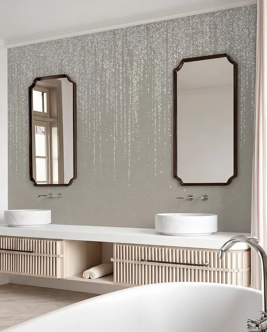 murales de pared Un elegante estampado vertical de guirnaldas punteadas sobre un fondo de textura beige, que crea una sensación de profundidad y movimiento w08470