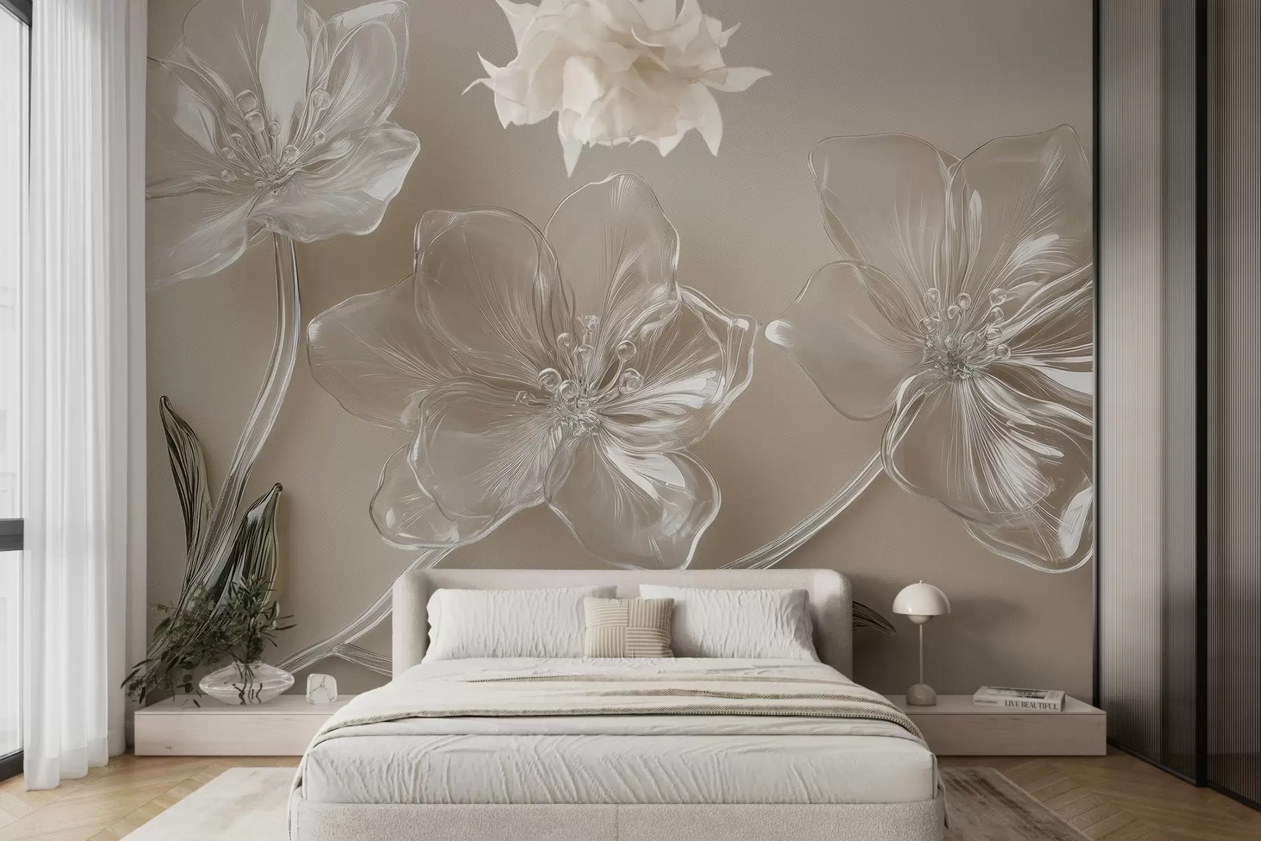 murales de pared flores grandes imitación cristal sobre fondo beige w02518