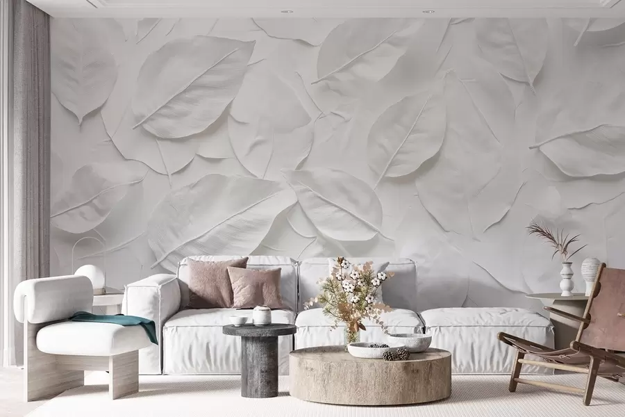 murales de pared Abstracción floral blanca de hojas w08494