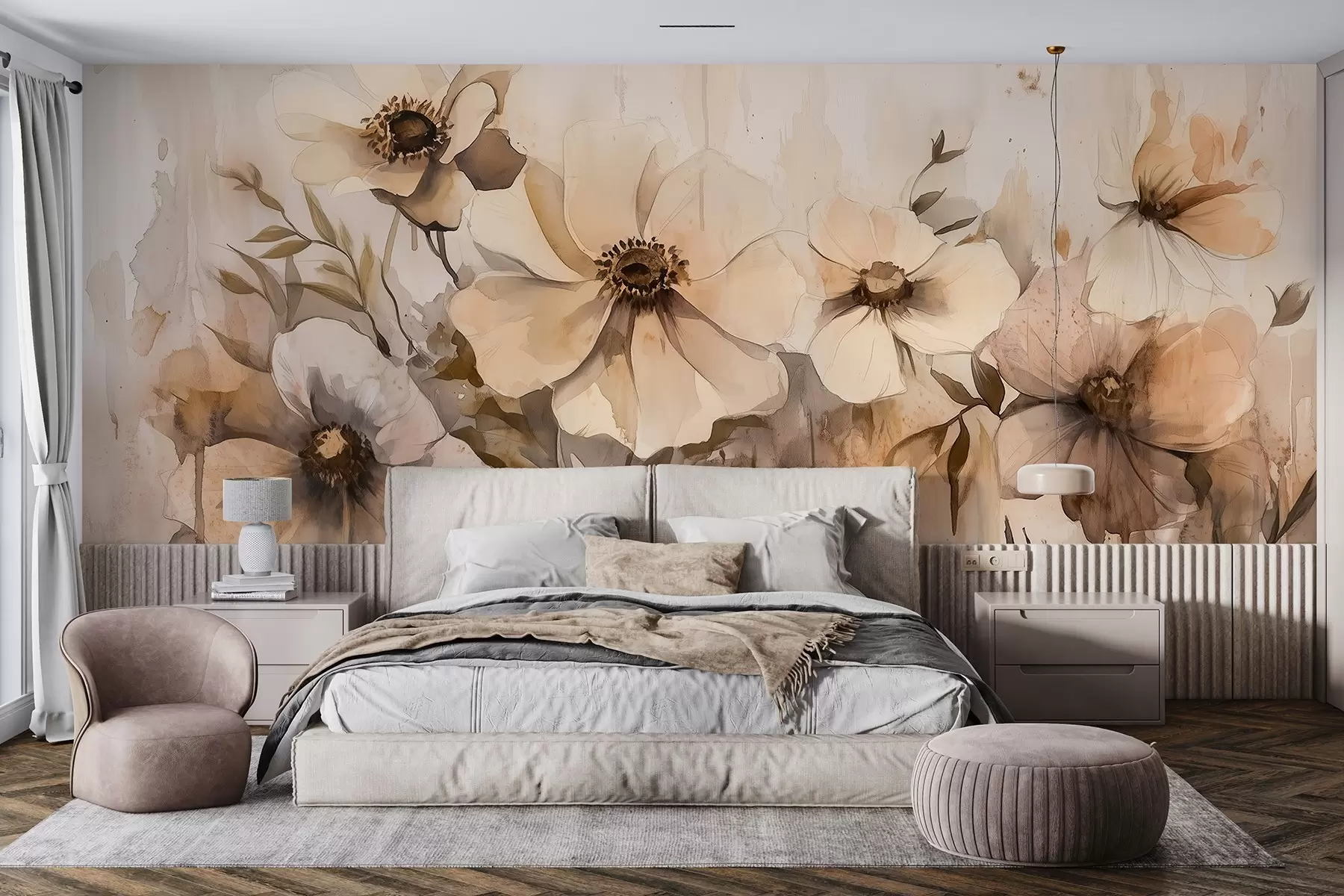 murales de pared Flores rústicas, dibujo estilo acuarela, colores beige w02487