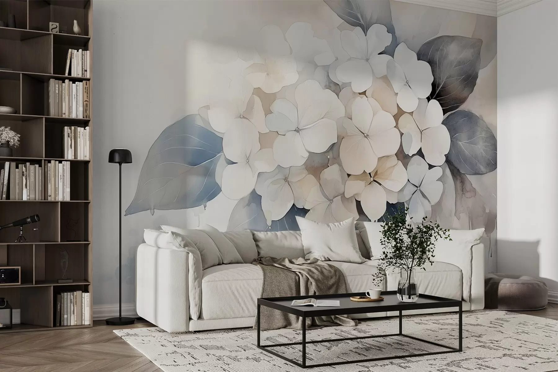 murales de pared Flor de hortensia, colores suaves, estilo acuarela w02491