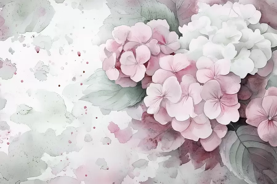 murales de pared Dibujo estilo acuarela de flores de hortensia con hojas, colores rosa suave y verde w02493v1