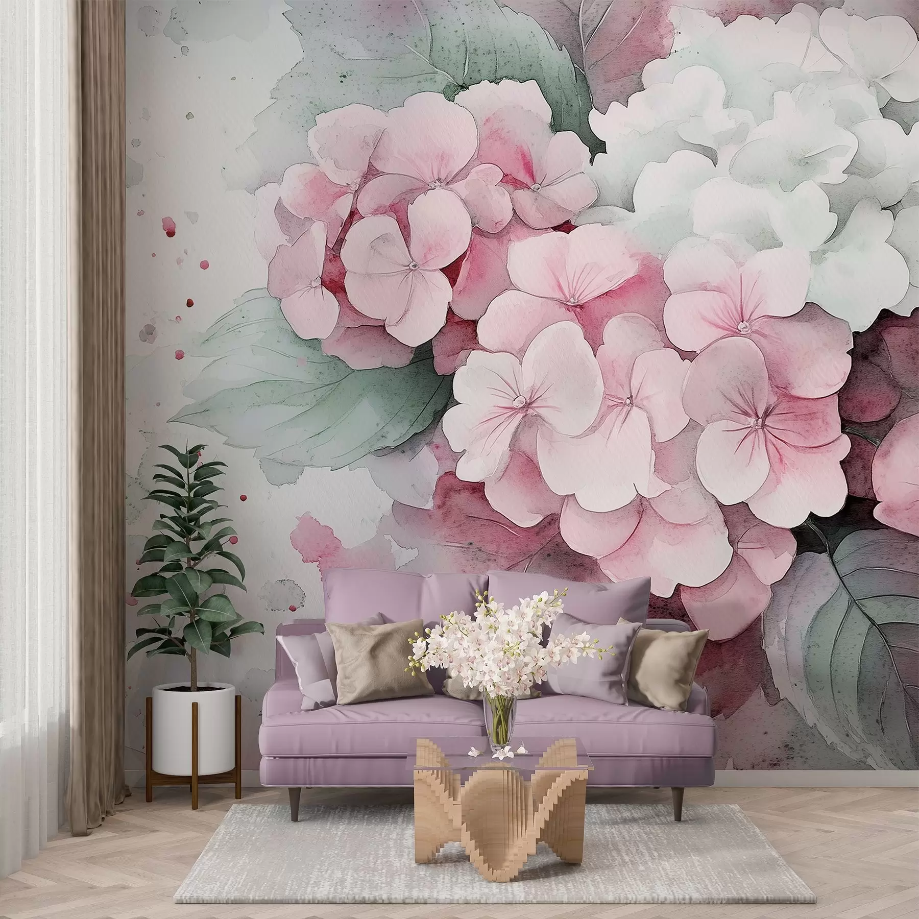 Murales de pared Dibujo estilo acuarela de flores de hortensia con hojas, colores rosa suave y verde w02493v1 murales de pared Dibujo estilo acuarela de flores de hortensia con hojas, colores rosa suave y verde w02493v1