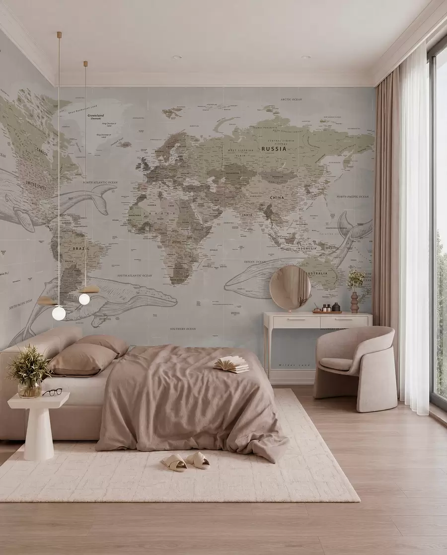 murales de pared Mapamundi con ballenas u50449