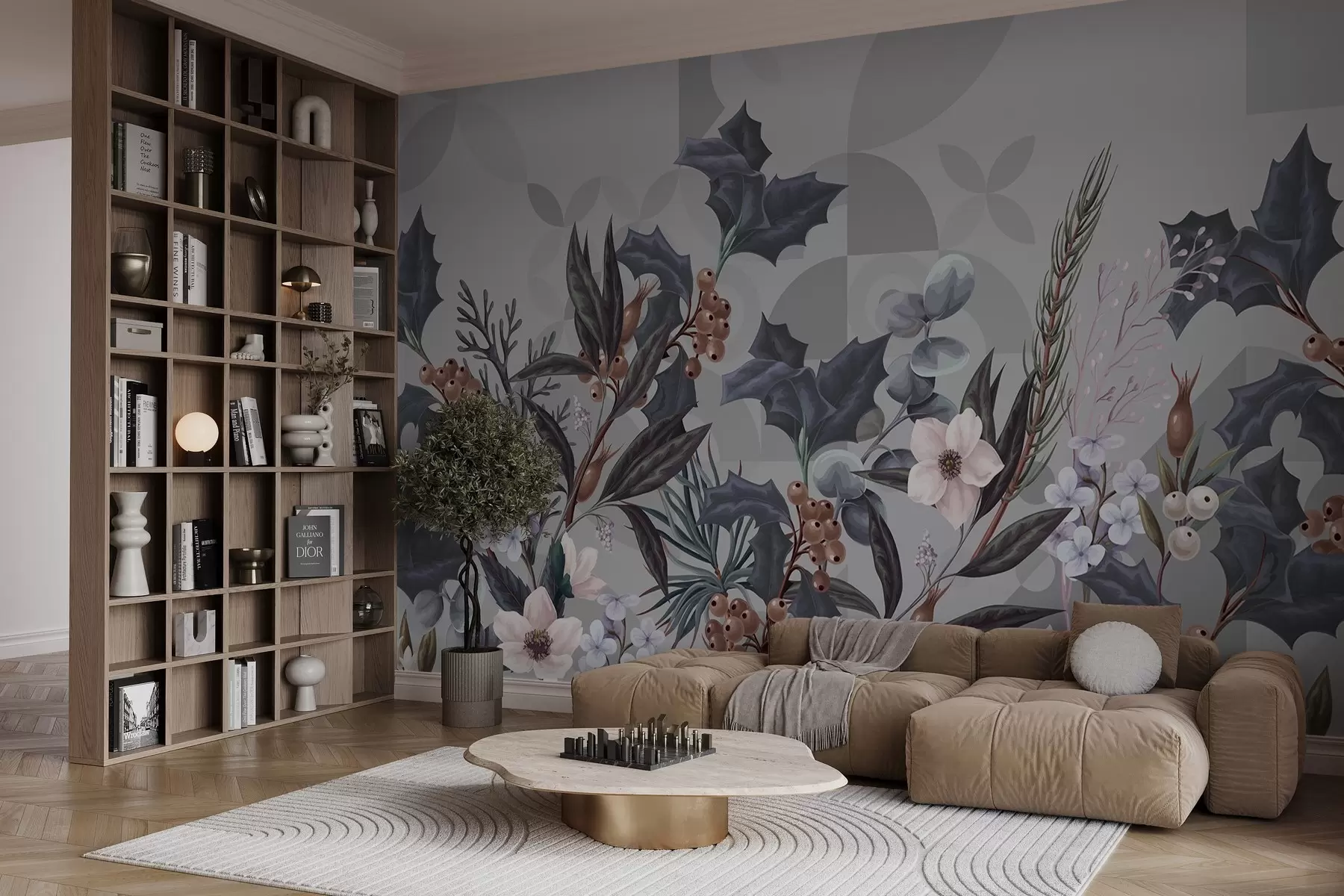 murales de pared Arreglo floral con grandes hojas oscuras, flores y bayas sobre un fondo abstracto geométrico gris apagado  w08525