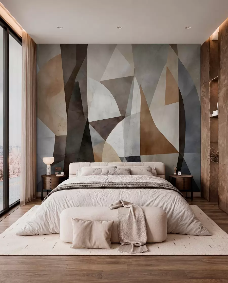 murales de pared Arte moderno abstracto de formas geométricas texturadas en tonos marrones, grises y beige w08530