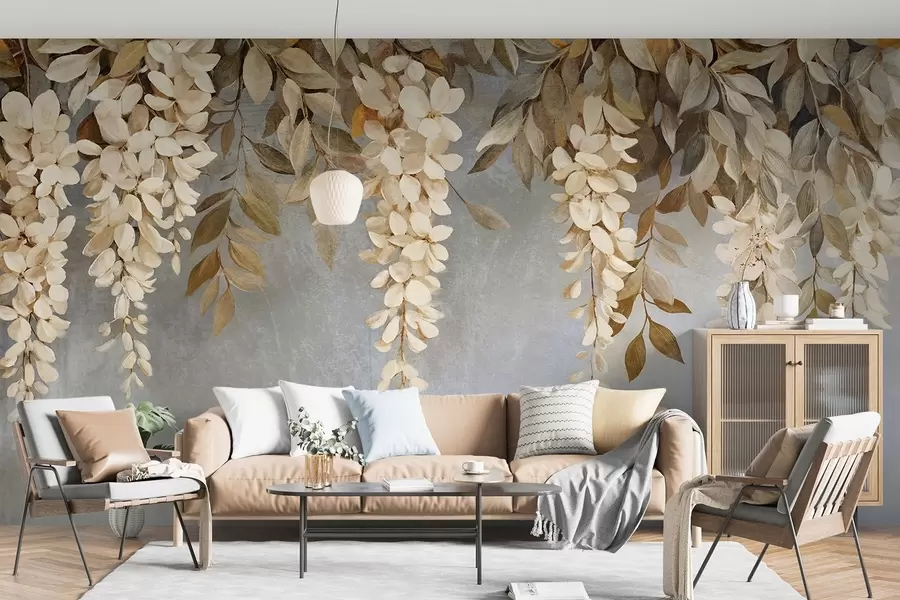 murales de pared Delicadas flores de glicinia blancas y beige claro con follaje en cascada sobre un fondo gris suave w08531