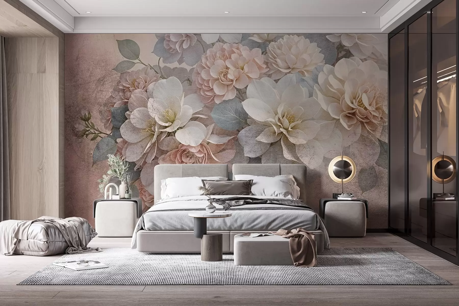 murales de pared Estampado de textura suave con flores de peonía melocotón y blancas con hojas verdes sobre fondo beige w08534
