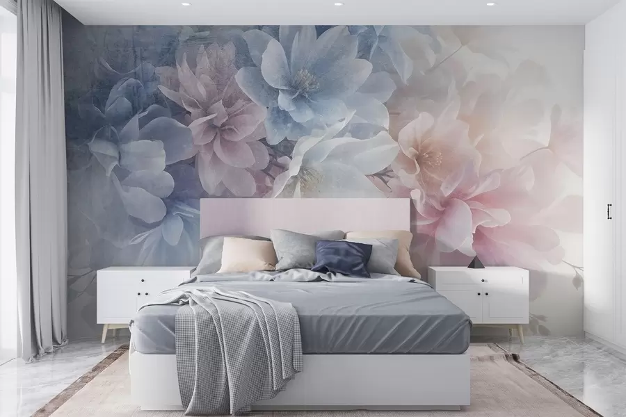 murales de pared Arreglo floral de textura suave y colores pastel con flores grandes y delicadas en tonos rosa, azul y blanco  w08535