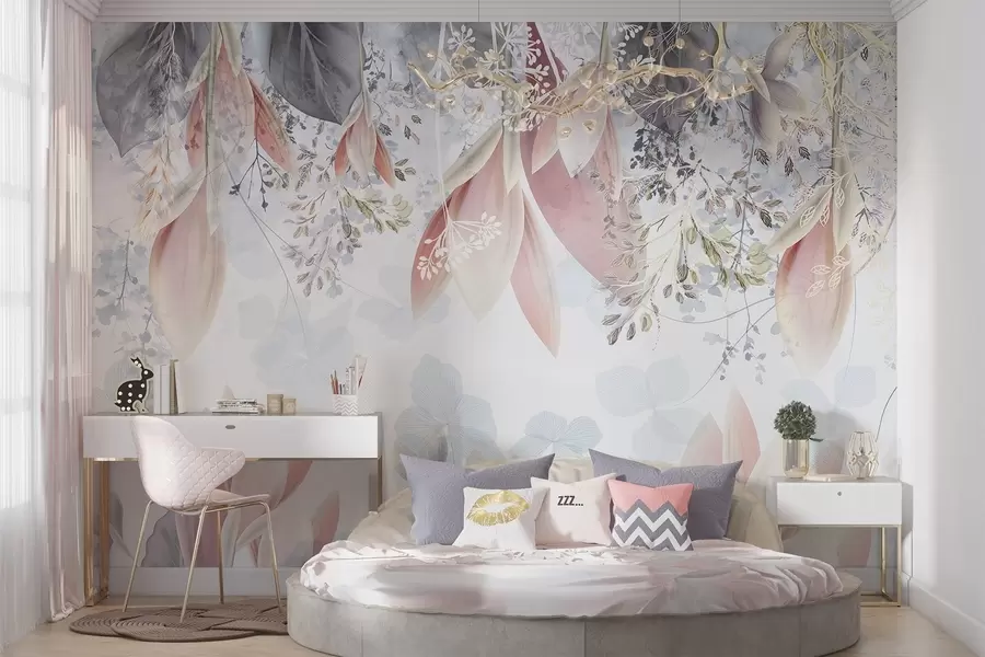 murales de pared Suave estampado floral en tonos pastel con delicados pétalos y hojas en tonos rosa, blanco y gris w08538