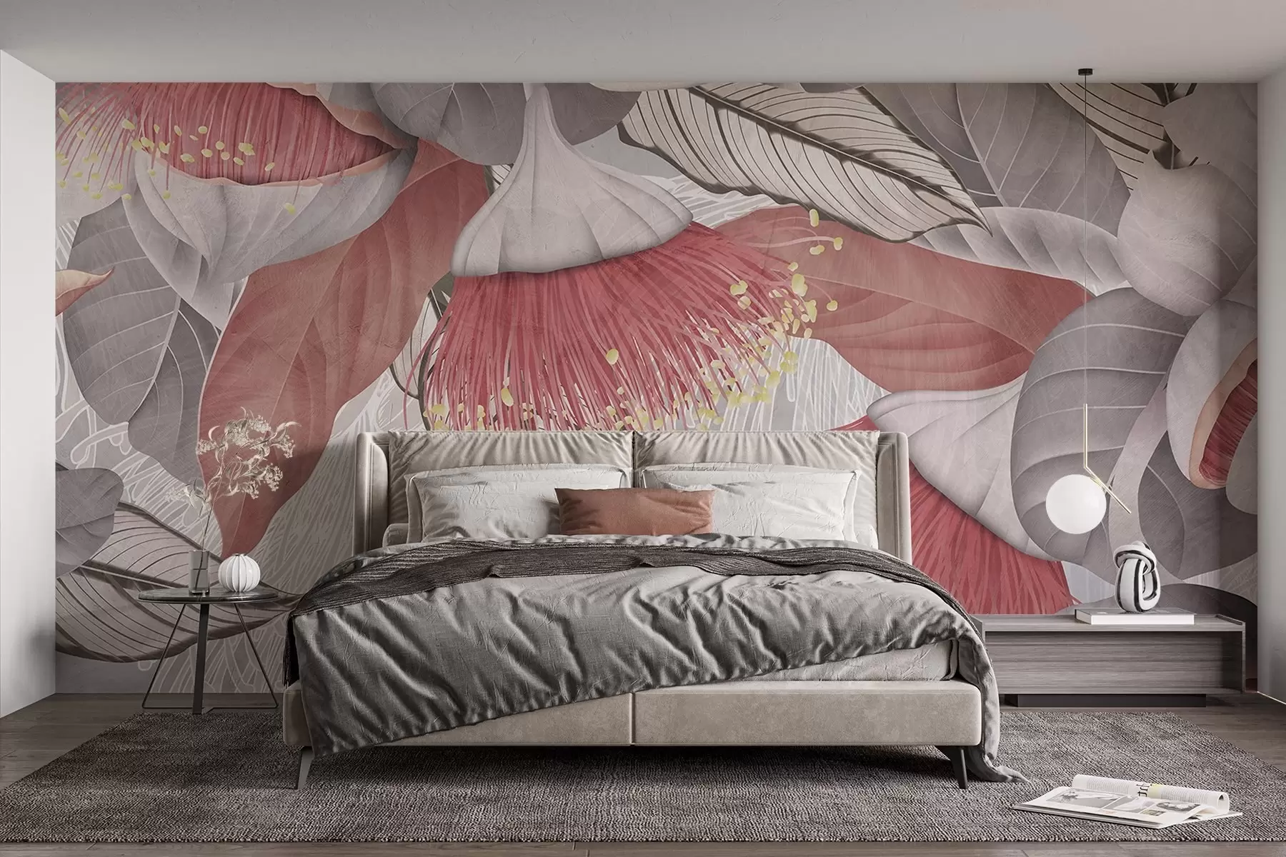 murales de pared Ilustración botánica de grandes flores de eucalipto con largos estambres sobre fondo gris y blanco w08539