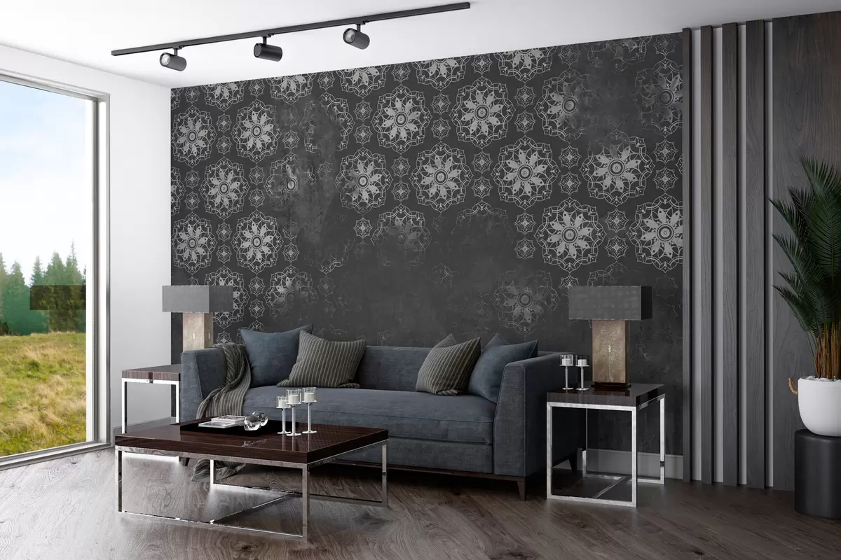 murales de pared Diseño vintage con elementos de mandala y efecto envejecido en gris w02551v1