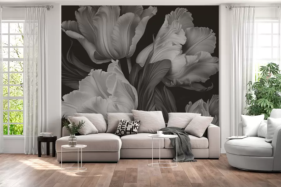 murales de pared Tulipanes en blanco y negro en estilo fotorrealista w02557