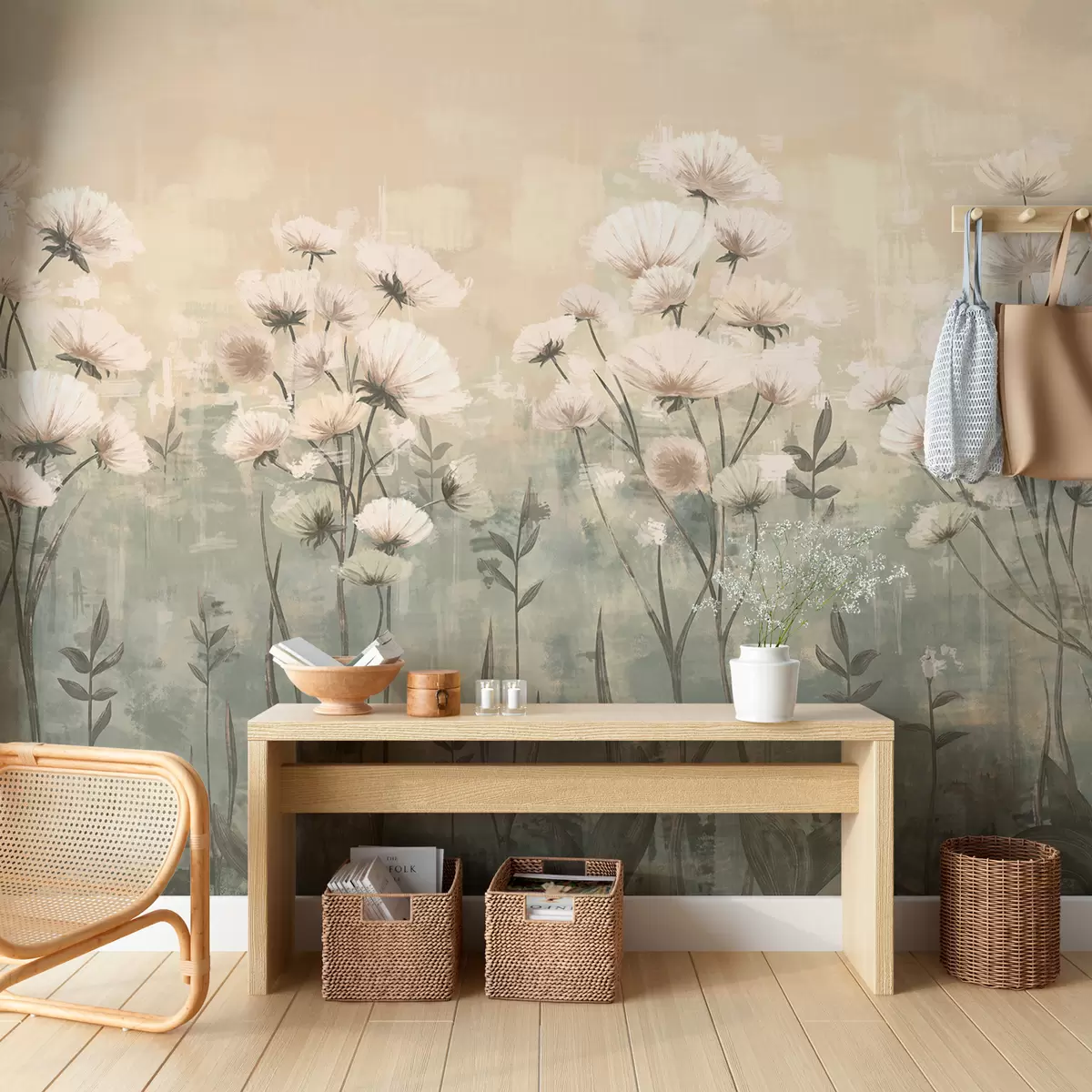 murales de pared Delicadas flores silvestres con efecto de pinceladas en amarillo y beige w02629v1
