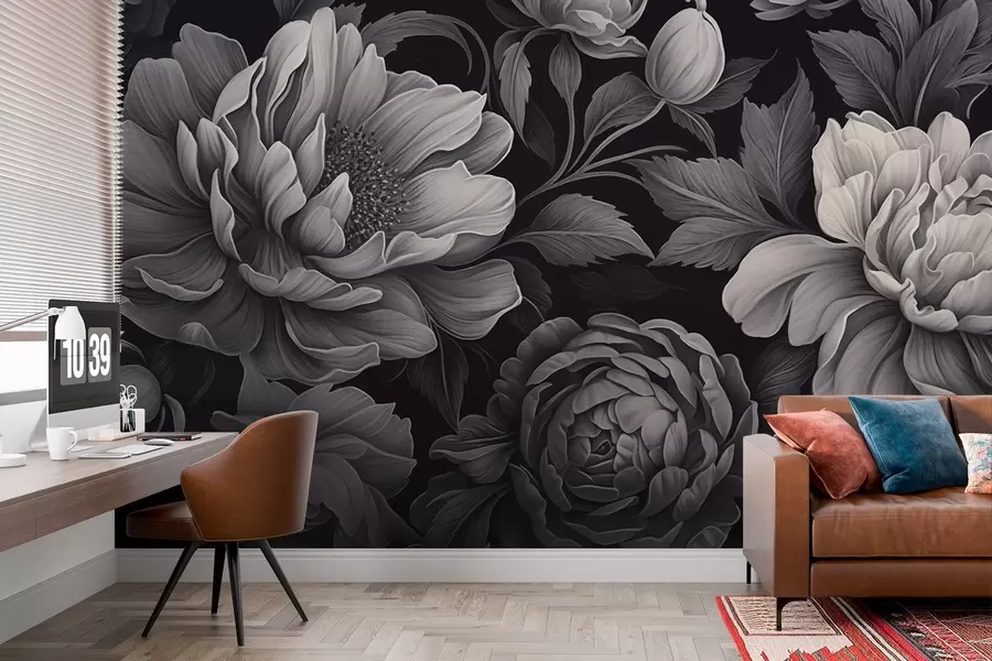 murales de pared Flores negras y grises sobre fondo oscuro w02575