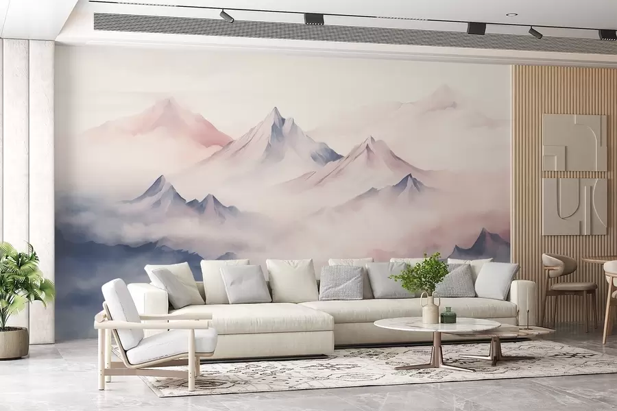 murales de pared Suaves montañas de acuarela en la niebla w08573