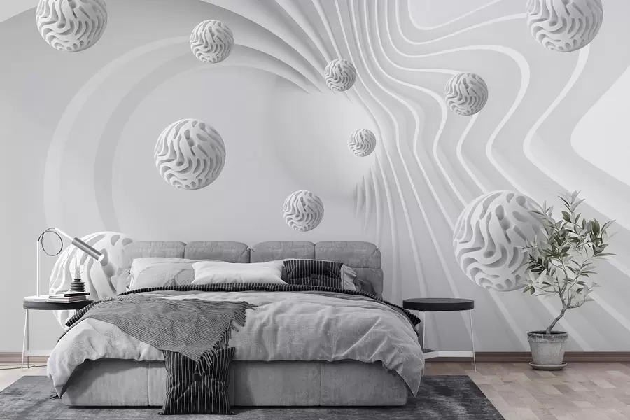 murales de pared abstracción gris 3D con esferas y efecto de profundidad w08553