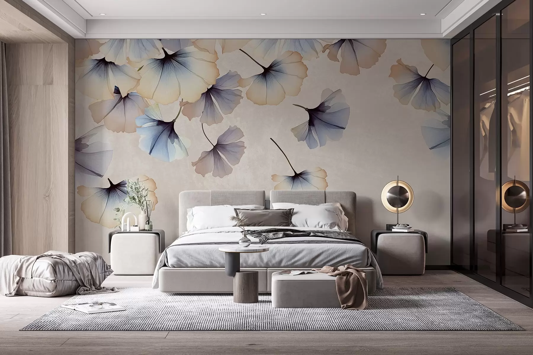 murales de pared Hojas de ginkgo de colores pastel azul y beige con delicados pétalos flotando en el aire sobre un fondo de texturas w08578