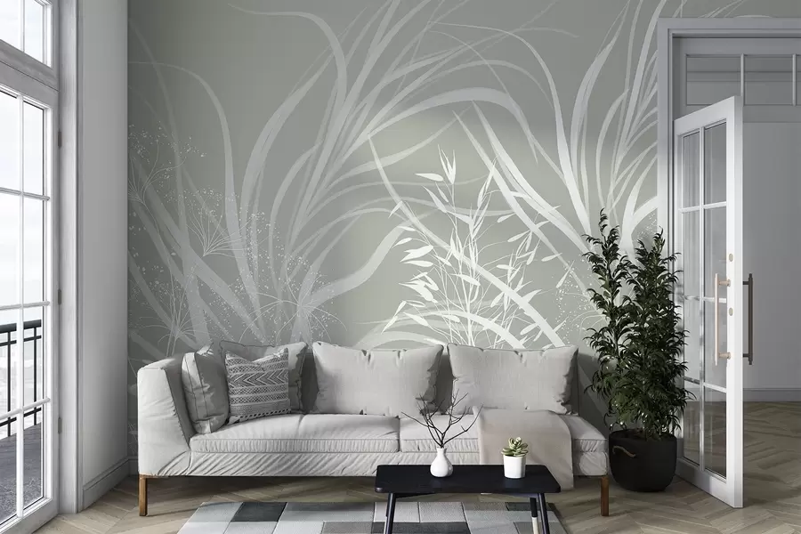 murales de pared Delicado y moderno estampado floral minimalista en blanco sobre fondo verde pastel claro w08583v1