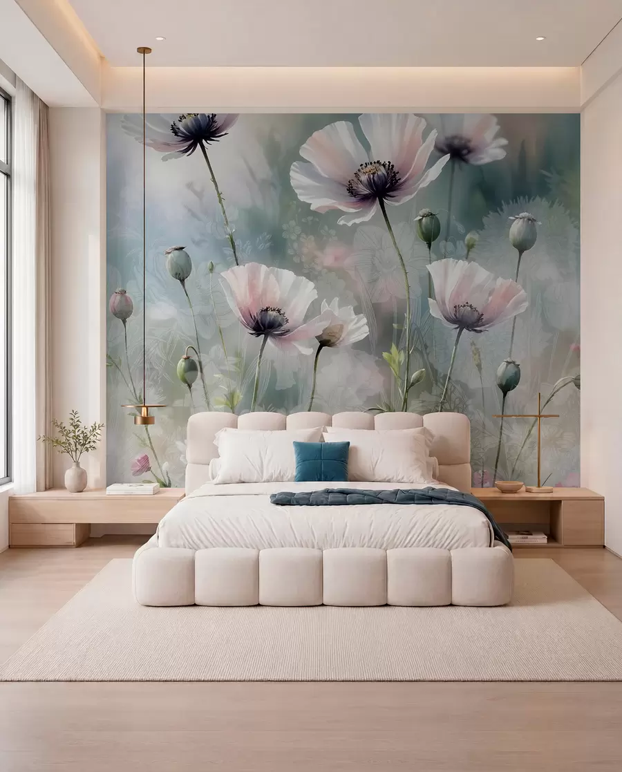 murales de pared Delicadas amapolas rosas y moradas con tallos y capullos verdes sobre un fondo de textura suave y difuminada w08585