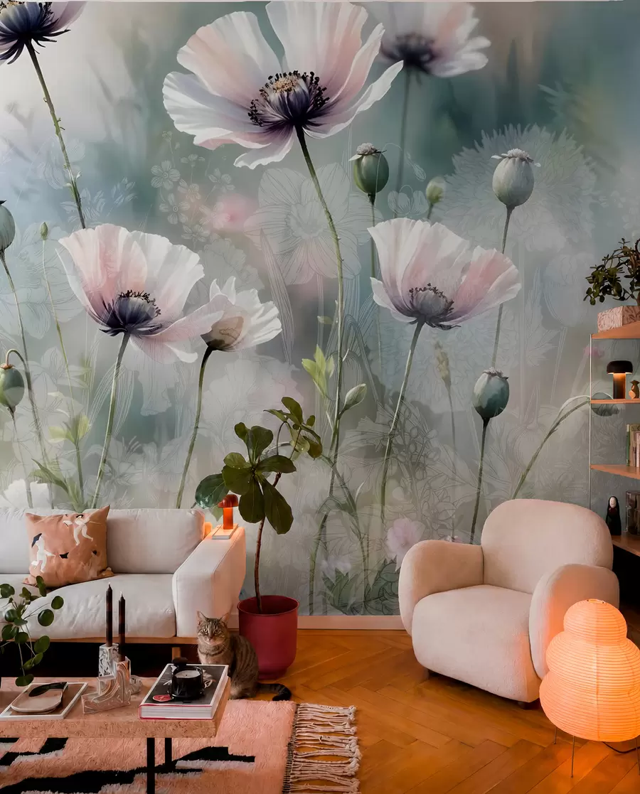 murales de pared Delicadas amapolas rosas y moradas con tallos y capullos verdes sobre un fondo de textura suave y difuminada w08585