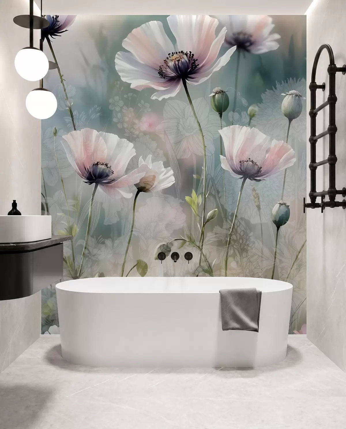 murales de pared Delicadas amapolas rosas y moradas con tallos y capullos verdes sobre un fondo de textura suave y difuminada w08585