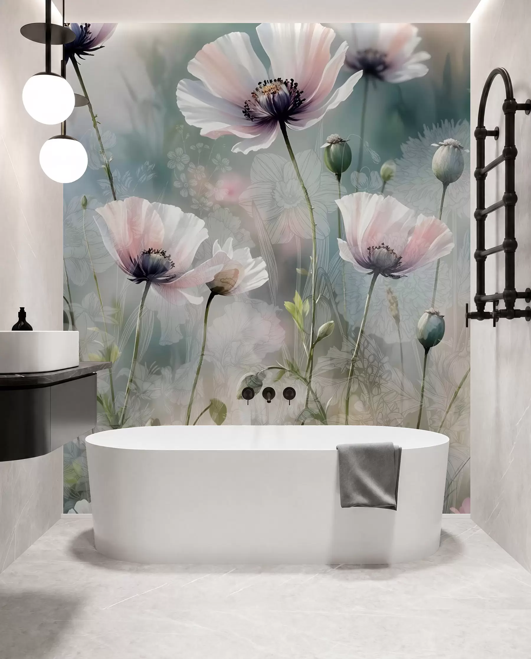 murales de pared Delicadas amapolas rosas y moradas con tallos y capullos verdes sobre un fondo de textura suave y difuminada w08585