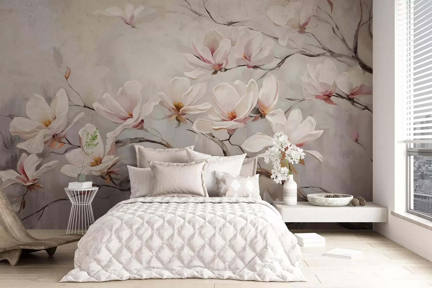 murales de pared Delicadas flores rosas de magnolia floreciendo en las ramas desnudas de un árbol sobre un fondo suave y brumoso w08589