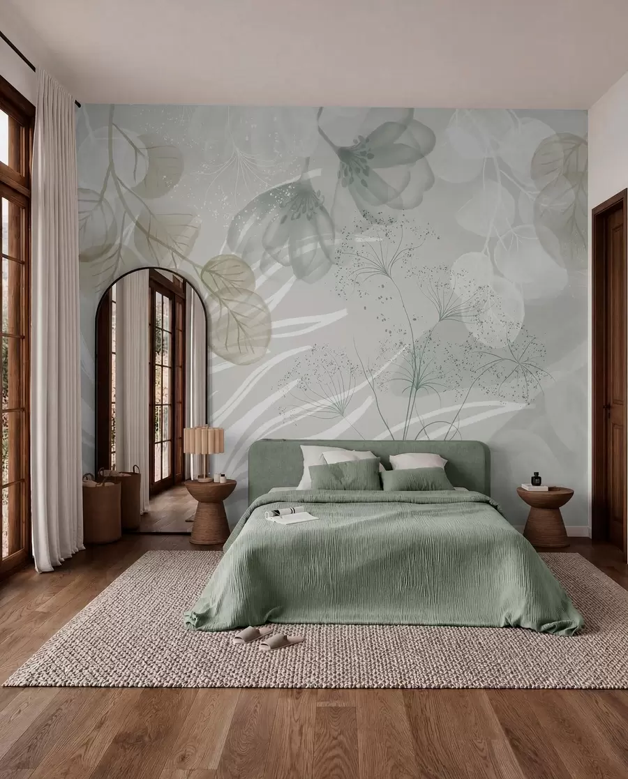 murales de pared Elementos florales de eucalipto en tonos verdes y blancos con hojas y pétalos superpuestos de estilo minimalista w08599v1