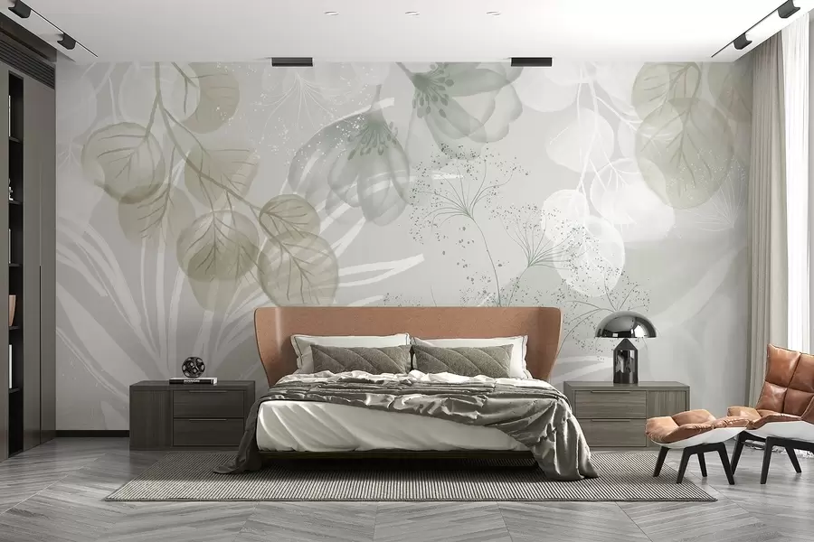 murales de pared Elementos florales de eucalipto en tonos verdes y blancos con hojas y pétalos superpuestos de estilo minimalista w08599v1