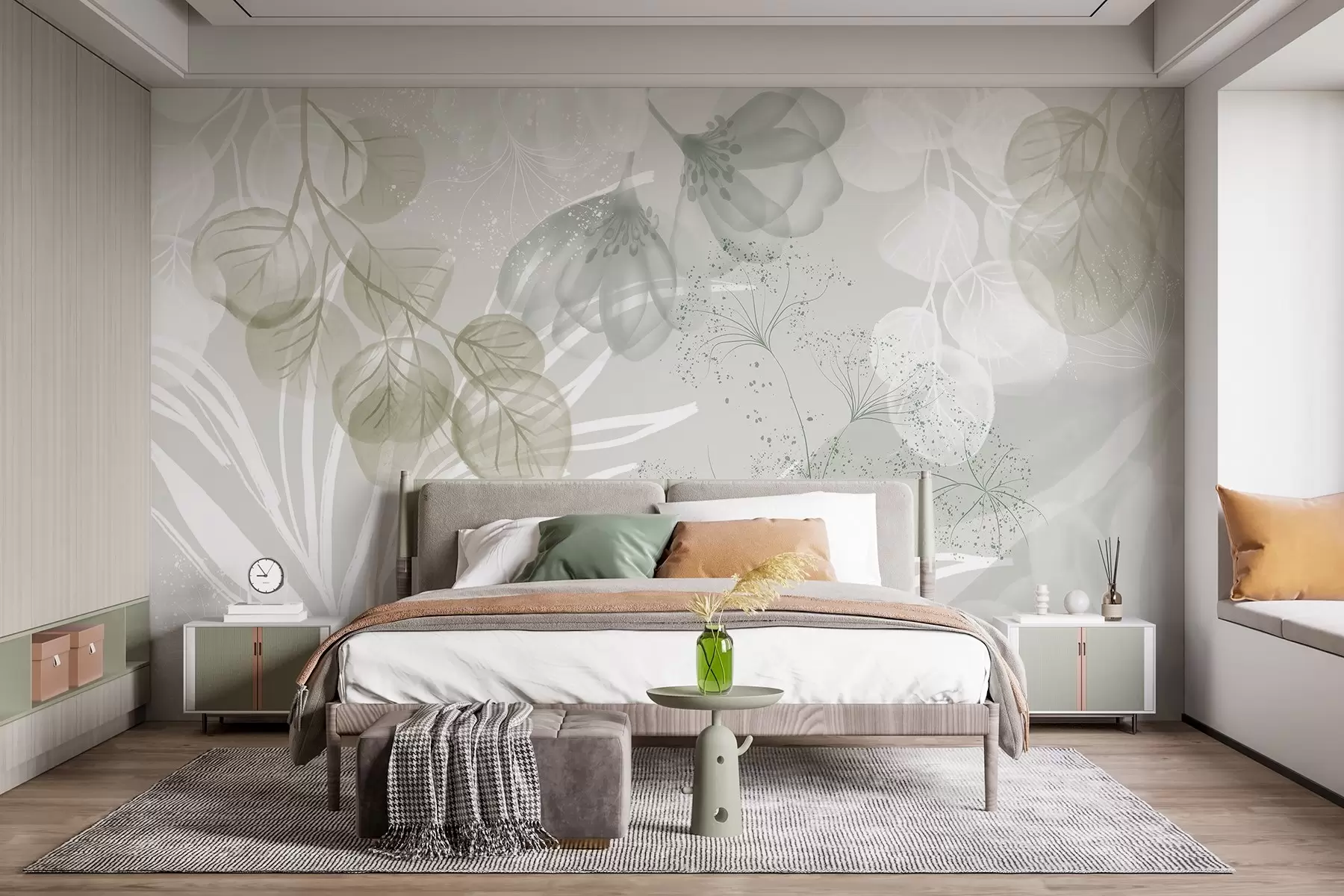 murales de pared Elementos florales de eucalipto en tonos verdes y blancos con hojas y pétalos superpuestos de estilo minimalista w08599v1