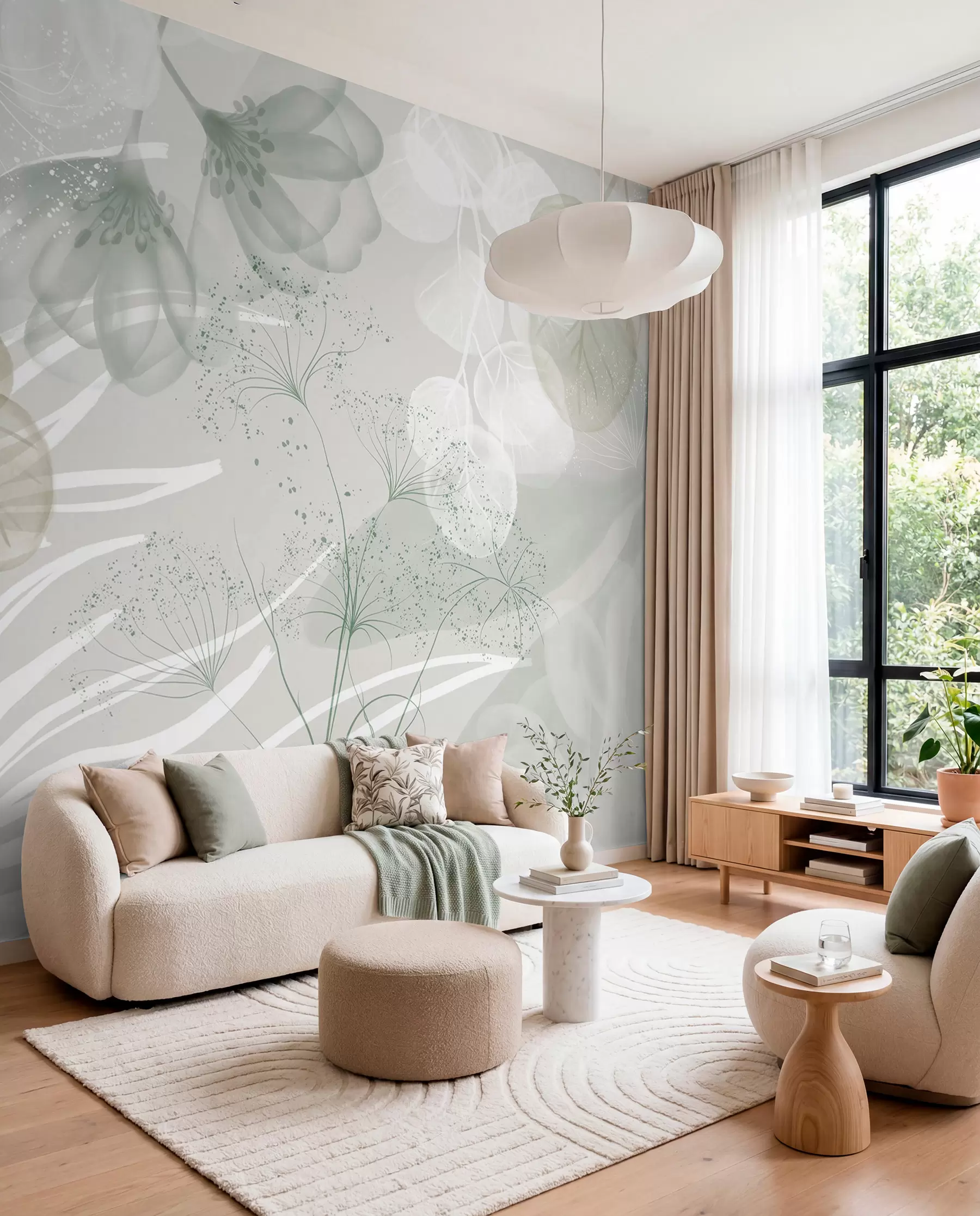 murales de pared Elementos florales de eucalipto en tonos verdes y blancos con hojas y pétalos superpuestos de estilo minimalista w08599v1
