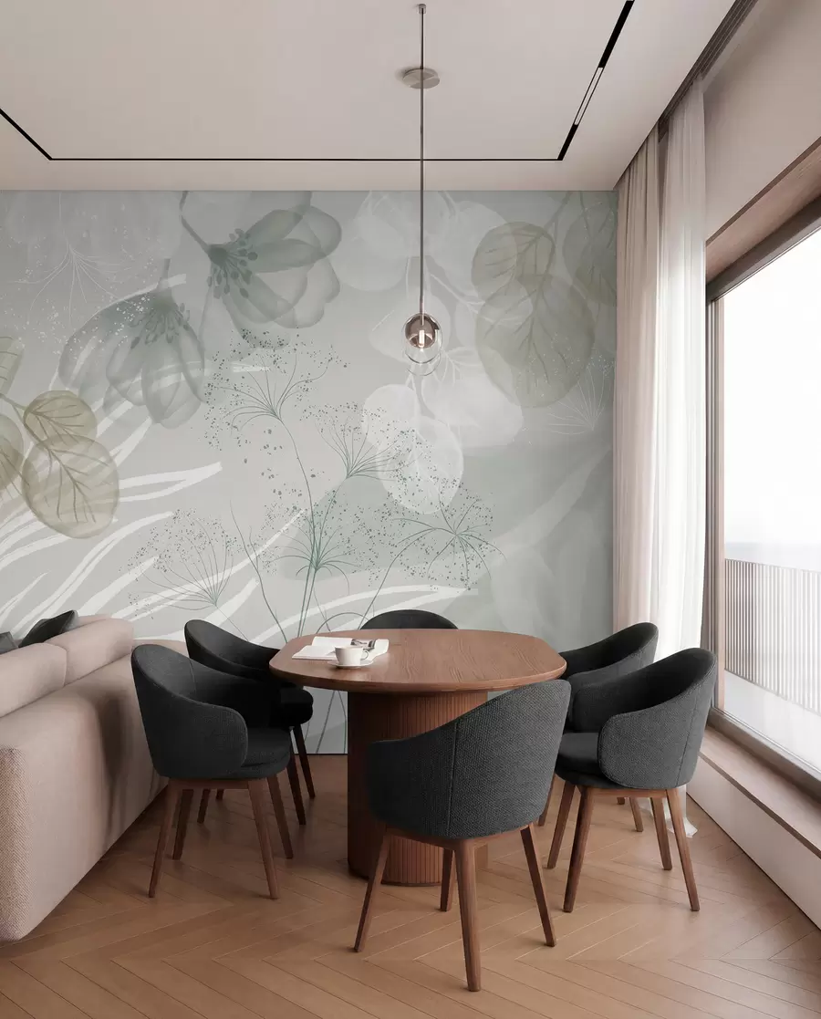 murales de pared Elementos florales de eucalipto en tonos verdes y blancos con hojas y pétalos superpuestos de estilo minimalista w08599v1