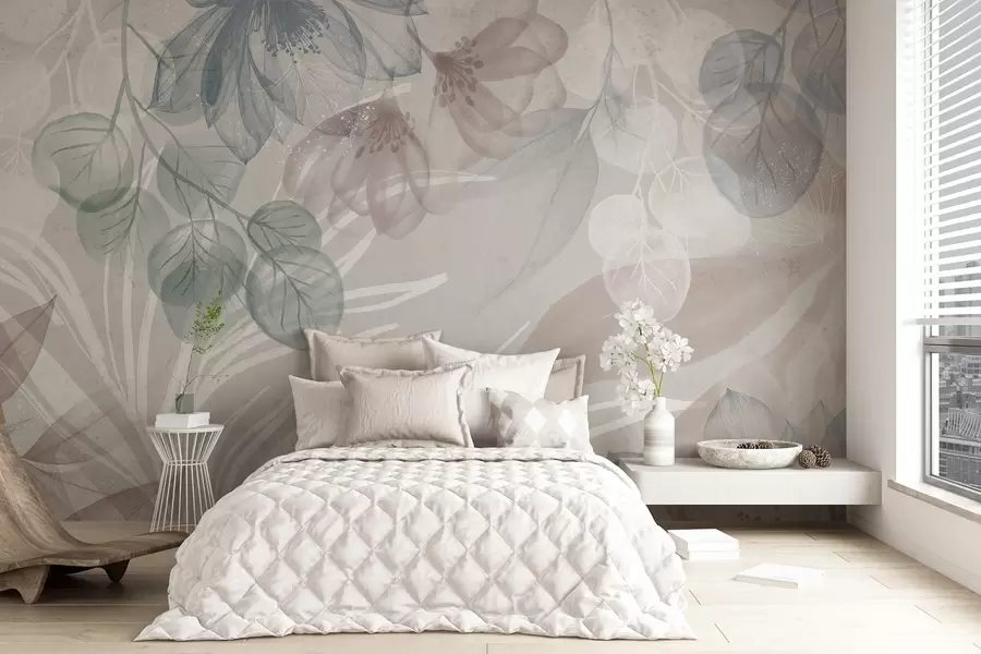 murales de pared Estampado floral en tonos pastel con grandes flores y hojas abstractas transparentes en tonos grises, rosas y verdes w08600