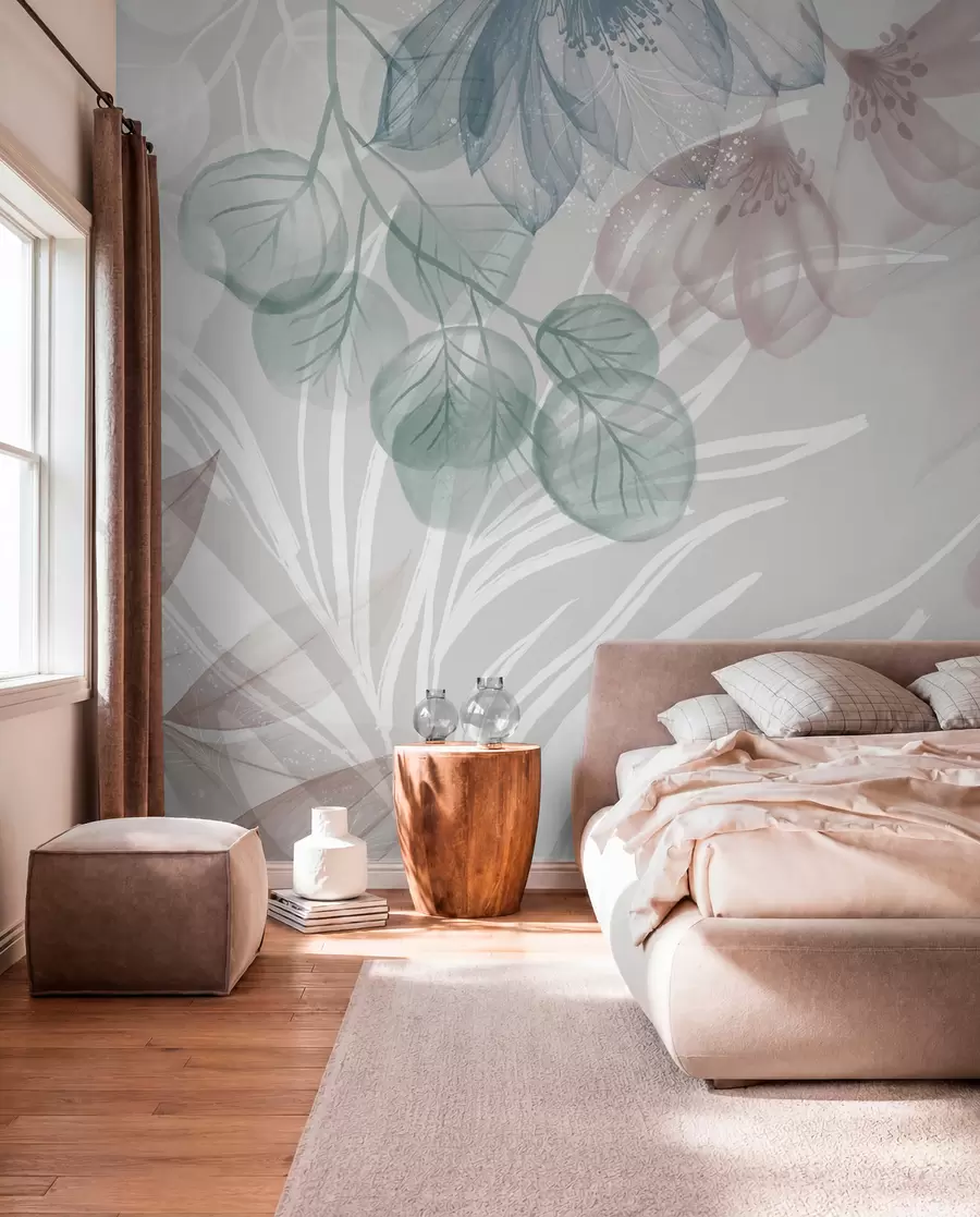 murales de pared Estampado floral en tonos pastel con grandes flores y hojas abstractas transparentes en tonos grises, rosas y verdes w08600