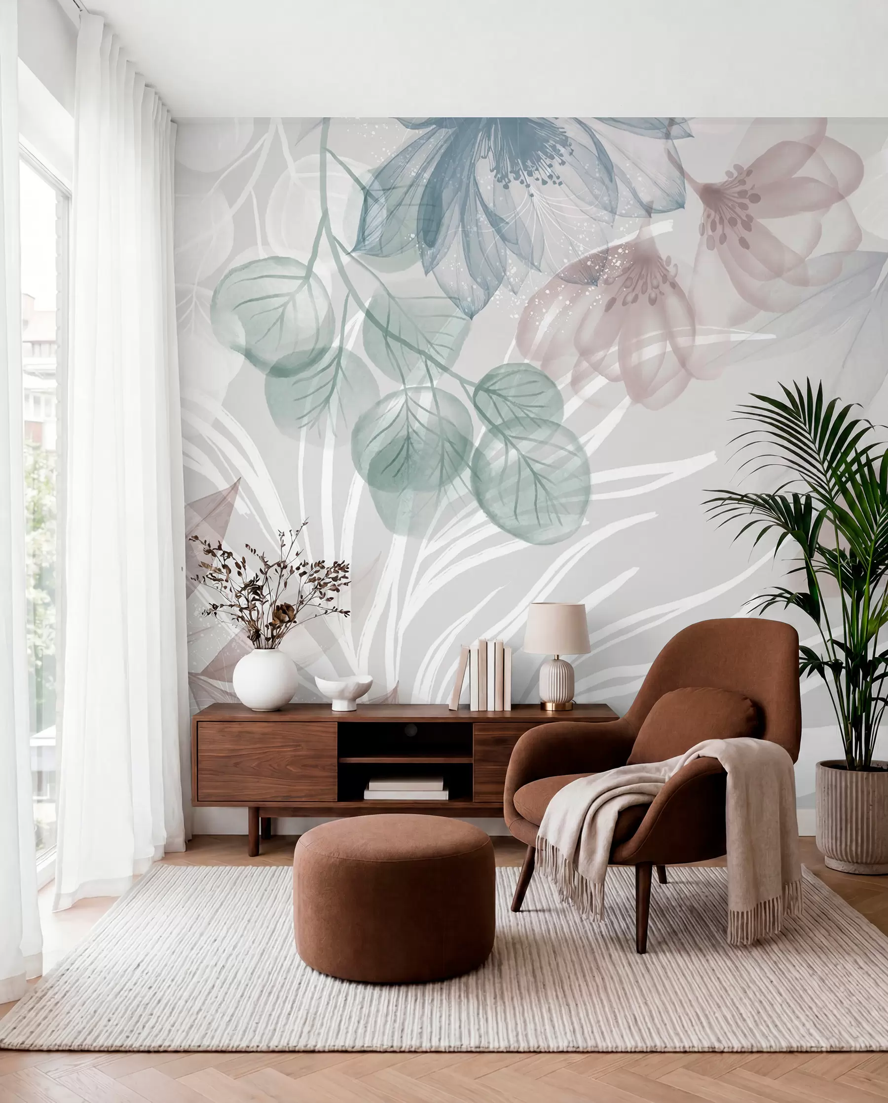 murales de pared Estampado floral en tonos pastel con grandes flores y hojas abstractas transparentes en tonos grises, rosas y verdes w08600