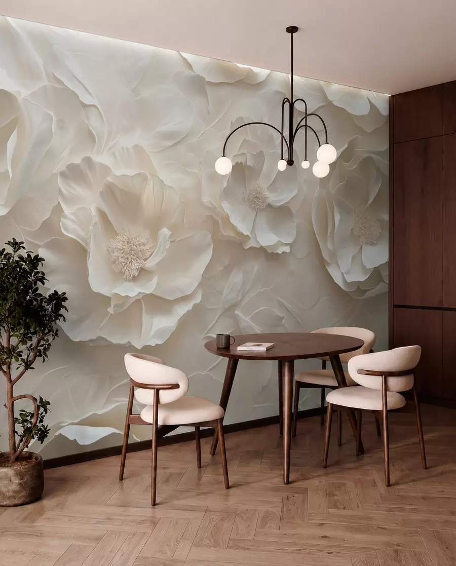 murales de pared Flores aéreas en tonos cálidos sobre un fondo de trazos de hojas w08562