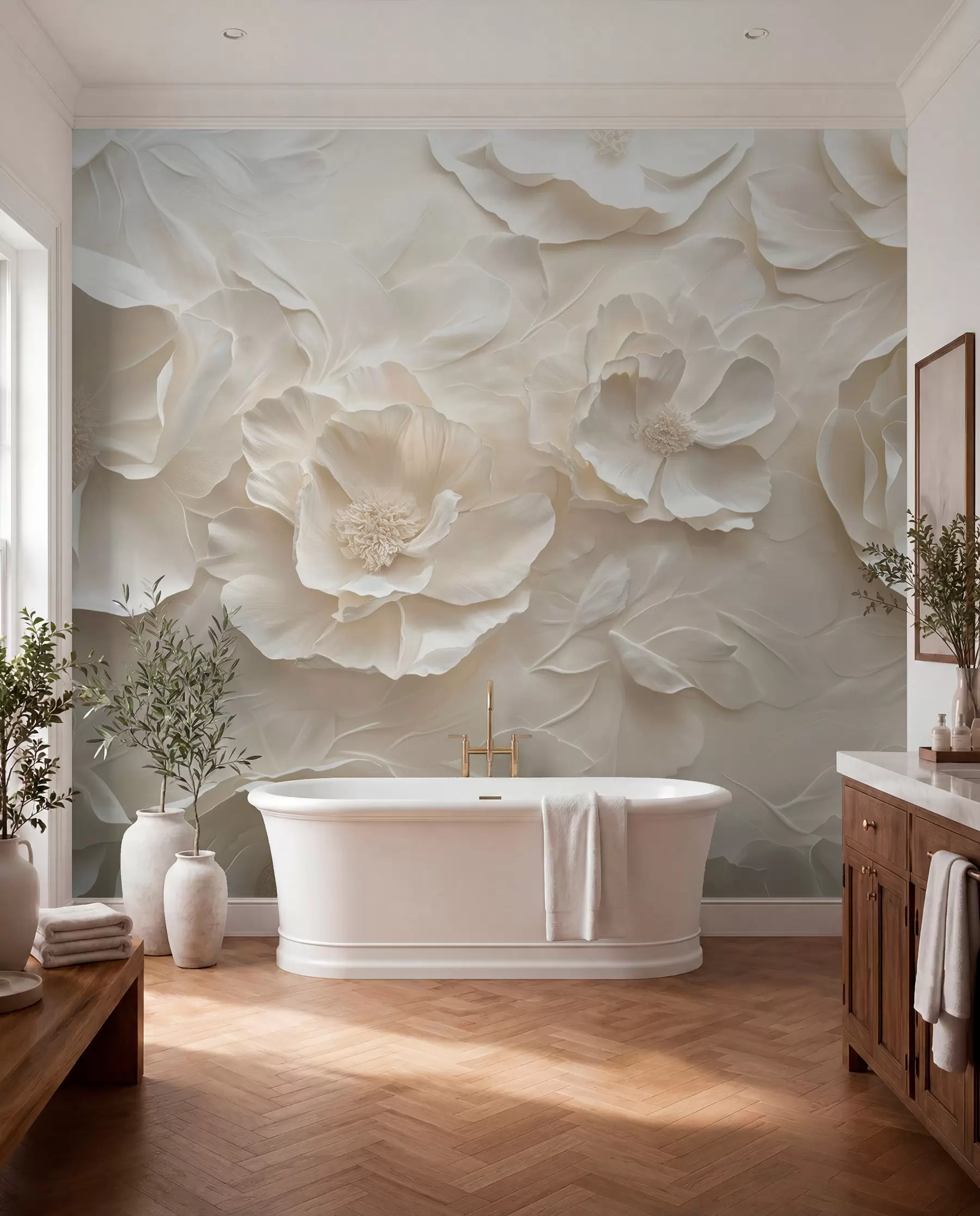 murales de pared Flores aéreas en tonos cálidos sobre un fondo de trazos de hojas w08562