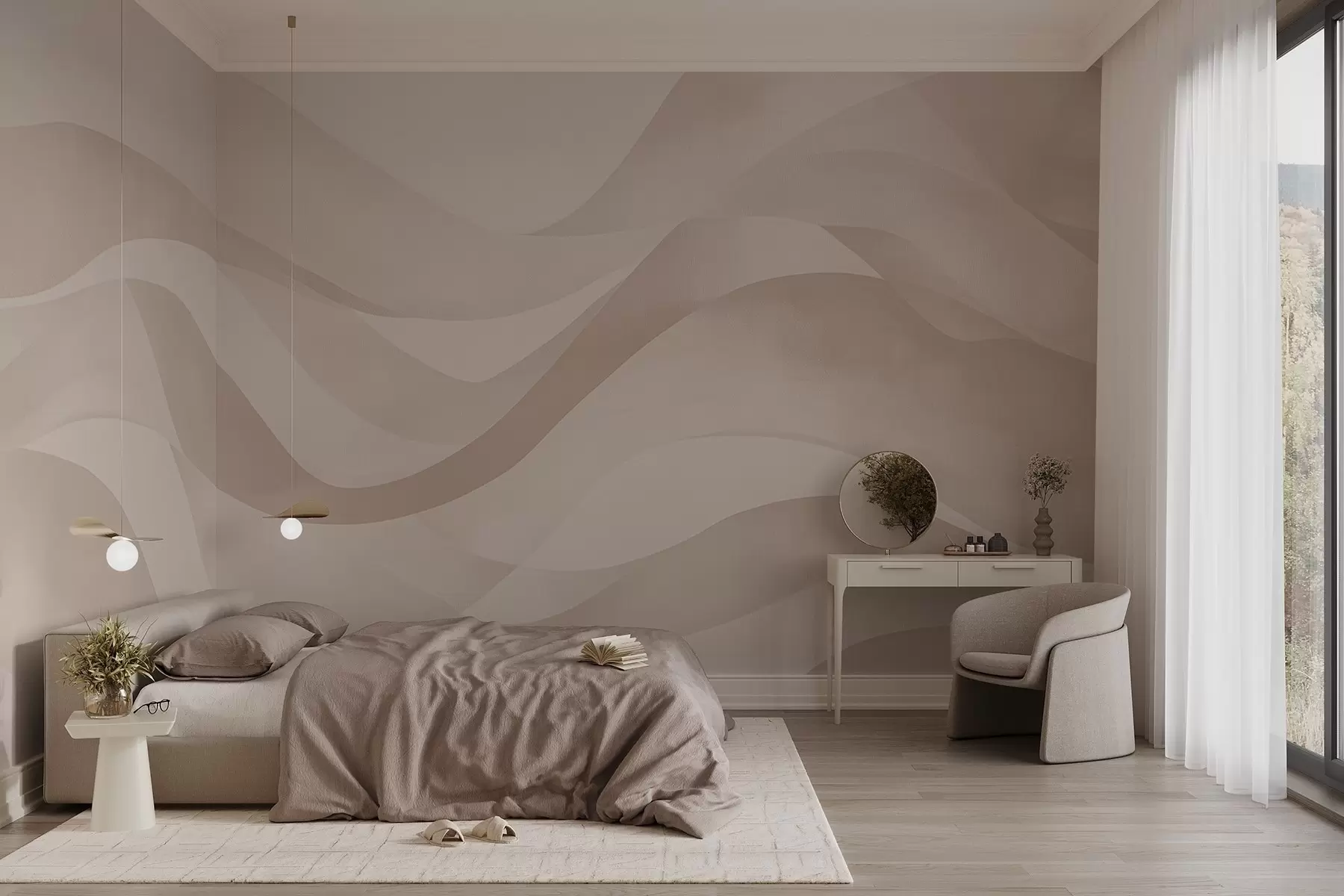 murales de pared Suaves ondas en suaves tonos beige en estilo acuarela w08564