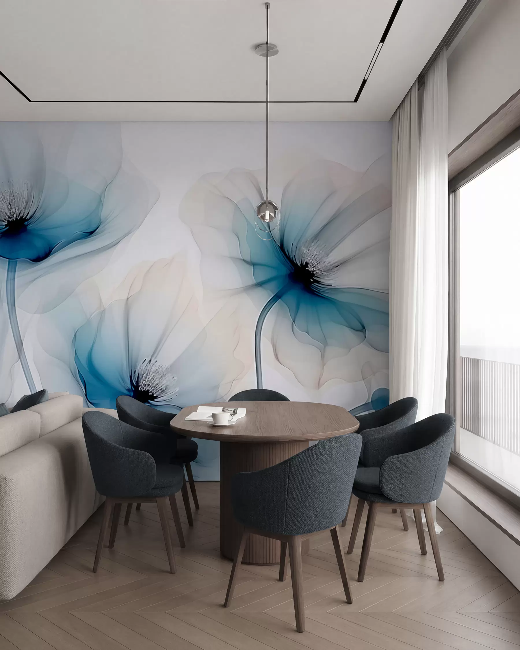 murales de pared Flores en tinta azul w02696