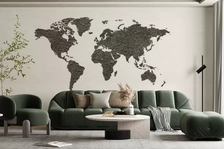 murales de pared Mapamundi con musgo, naturaleza, paleta de colores grises  w02657v6