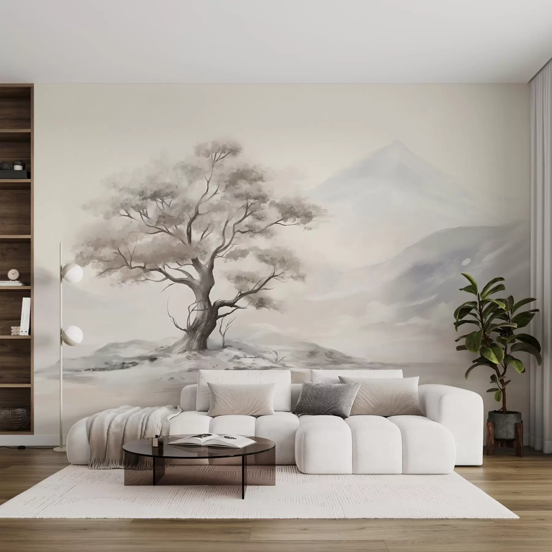 murales de pared Dibujo minimalista de un árbol solitario y retorcido en un paisaje desolado y rocoso con montañas al fondo  w08604