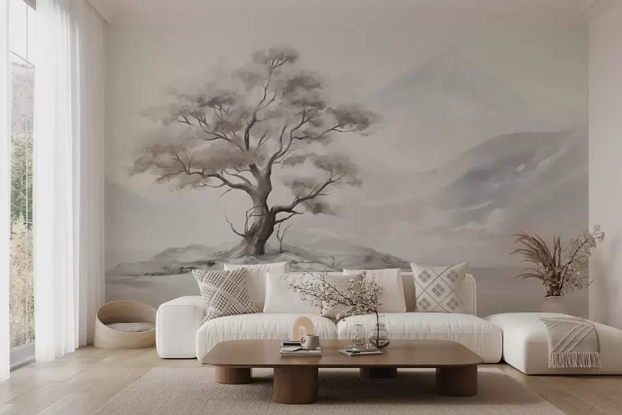 murales de pared Dibujo minimalista de un árbol solitario y retorcido en un paisaje desolado y rocoso con montañas al fondo  w08604