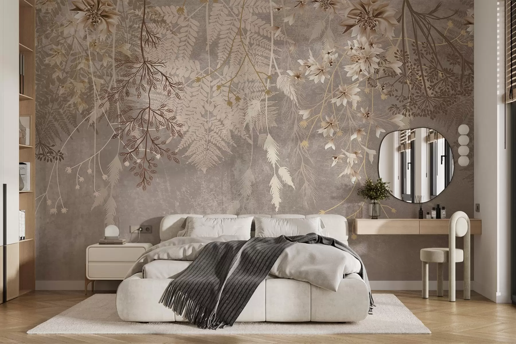murales de pared Unas plantas de ensueño, delicadas y tenues, espiguillas y flores en colores pastel marrones sobre un fondo brumoso y texturizado w08606v1