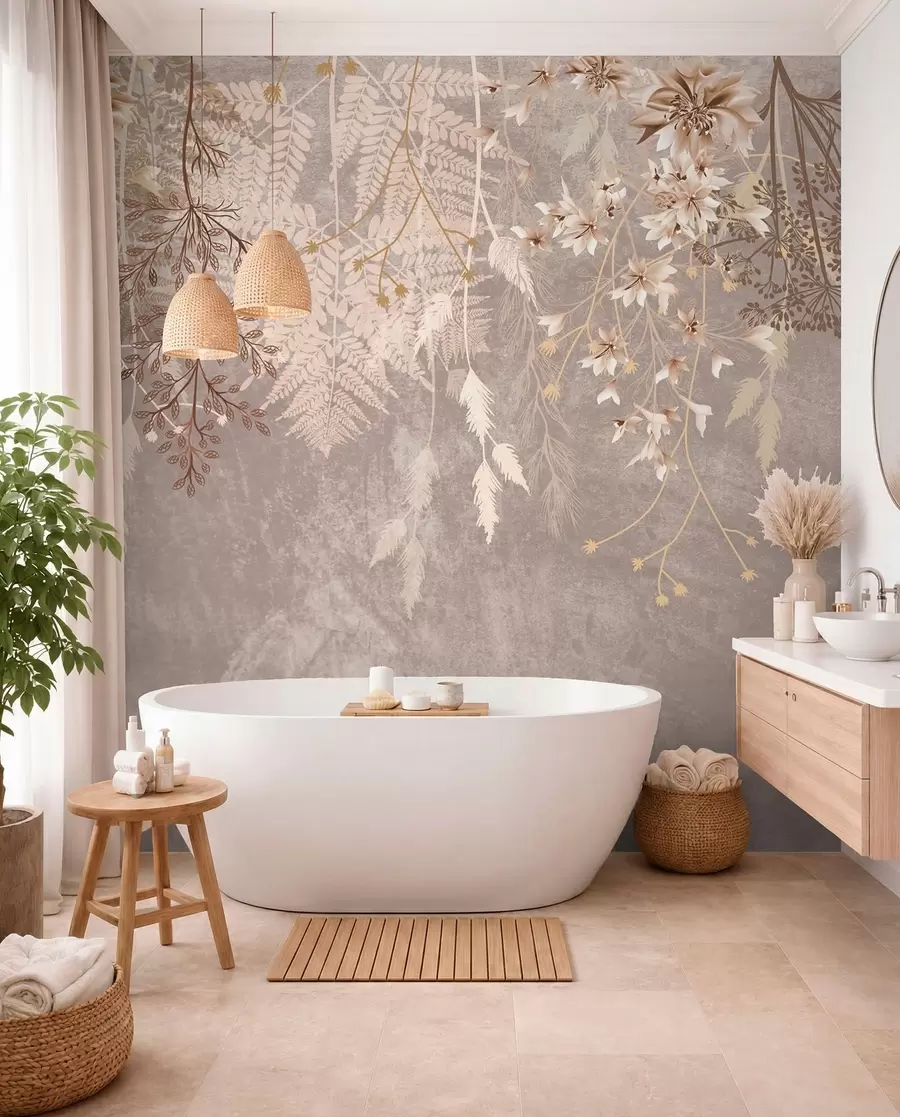 murales de pared Unas plantas de ensueño, delicadas y tenues, espiguillas y flores en colores pastel marrones sobre un fondo brumoso y texturizado w08606v1
