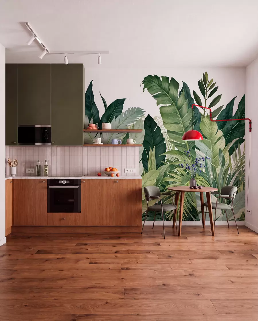 murales de pared Follaje tropical con varias hojas verdes grandes, incluidas hojas de plátano, hojas de palmera y otras especies de plantas exóticas w08609