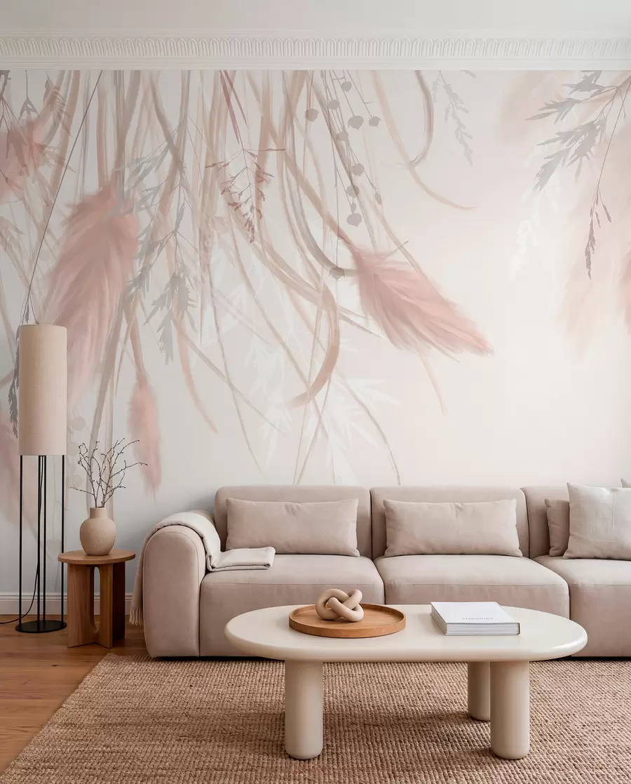 murales de pared Suave hierba de la pampa y espiguillas en tonos beige y rosa sobre un fondo claro w08611